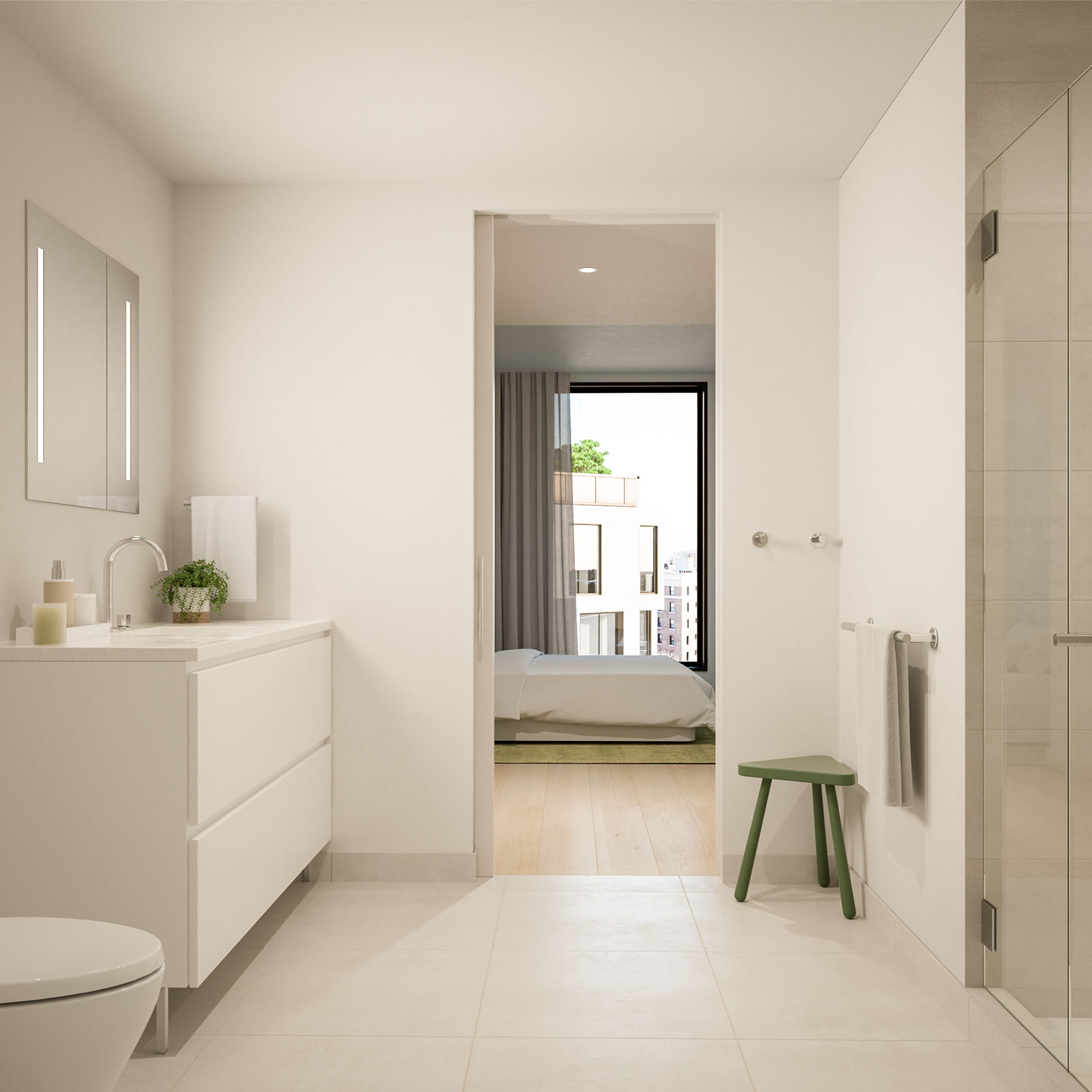 Porcelanosa® tile, Robern® medicine cabinets, and Kohler® fixtures in bathrooms