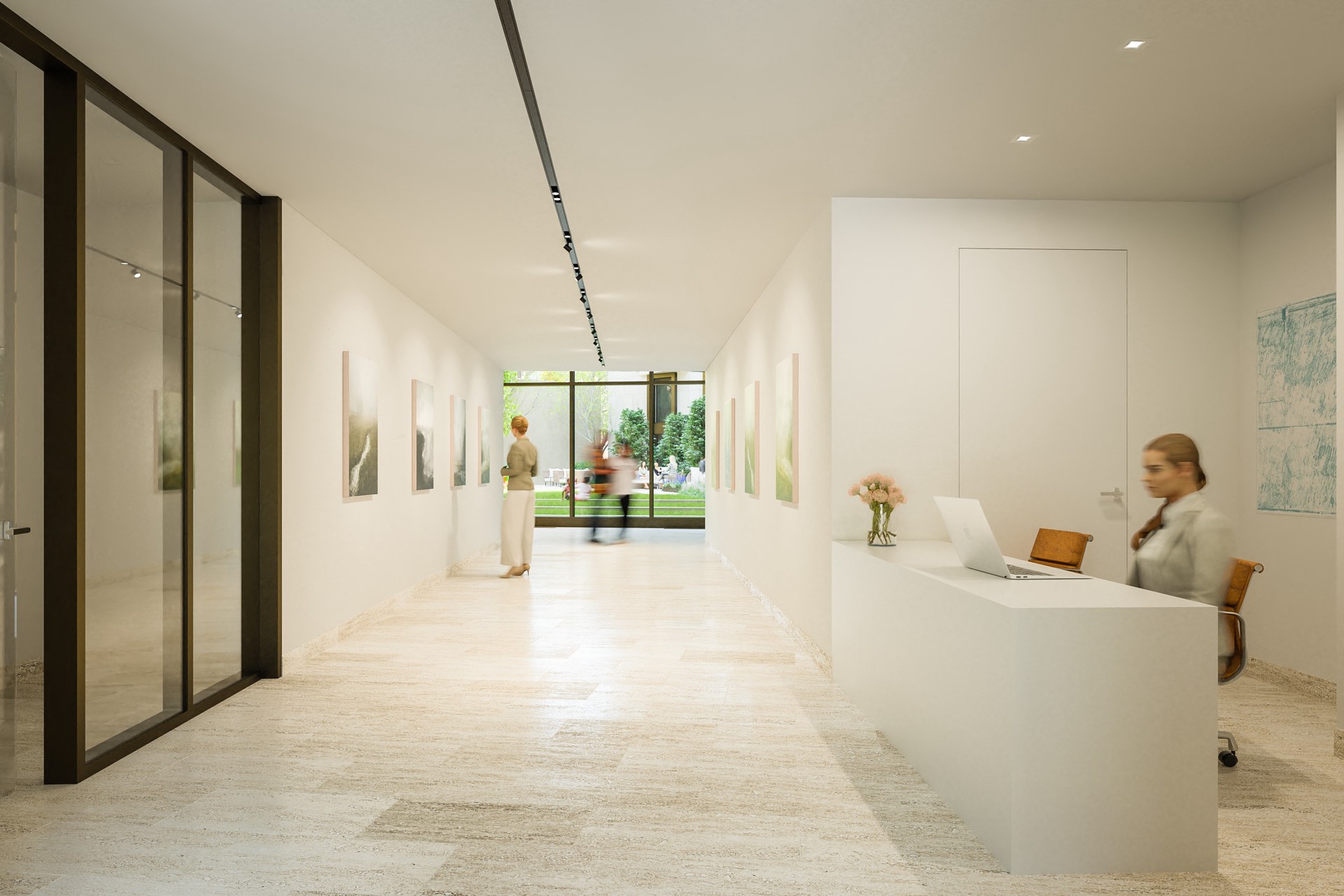 Modern lobby with views to the courtyard