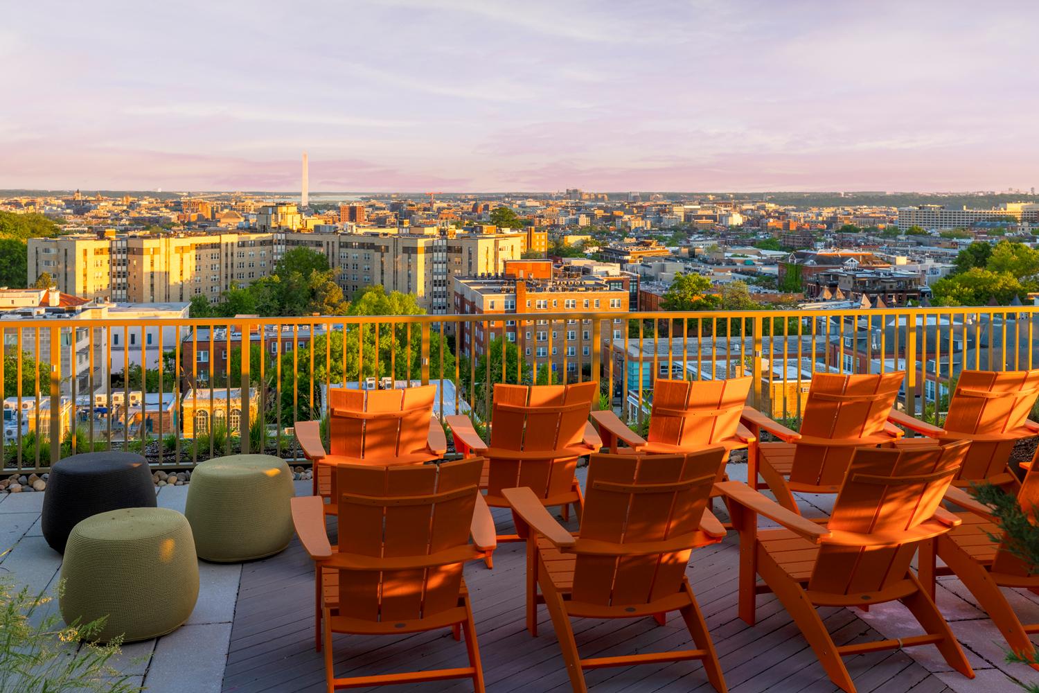 An elegant 10-story building view overlooking the eclectic Adams Morgan neighborhood